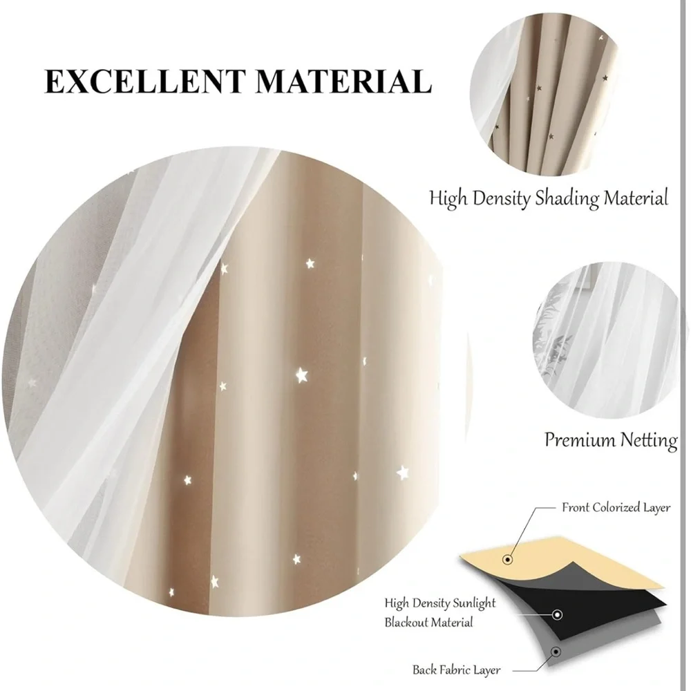 Star Double Layer Blackout Curtains for Bedroom, One Panel, Beige, 42 X 84”